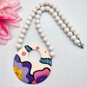 Vintage White Lucite Beaded Hand Painted Disc Pendant Necklace Floral Kitsch Fun